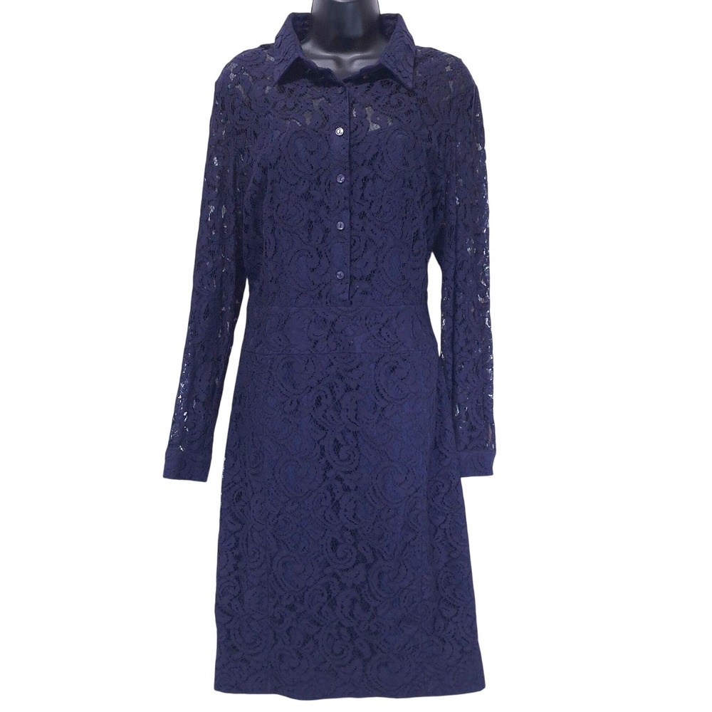 Jones New York Floral Lace Sheath Dress 14 Long Sleeve Button Front Navy Evening